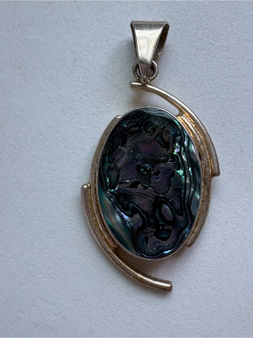 Abalone Shell Pendant - Iridescent Blue-Green On Silver Colored Metal Boho Beach